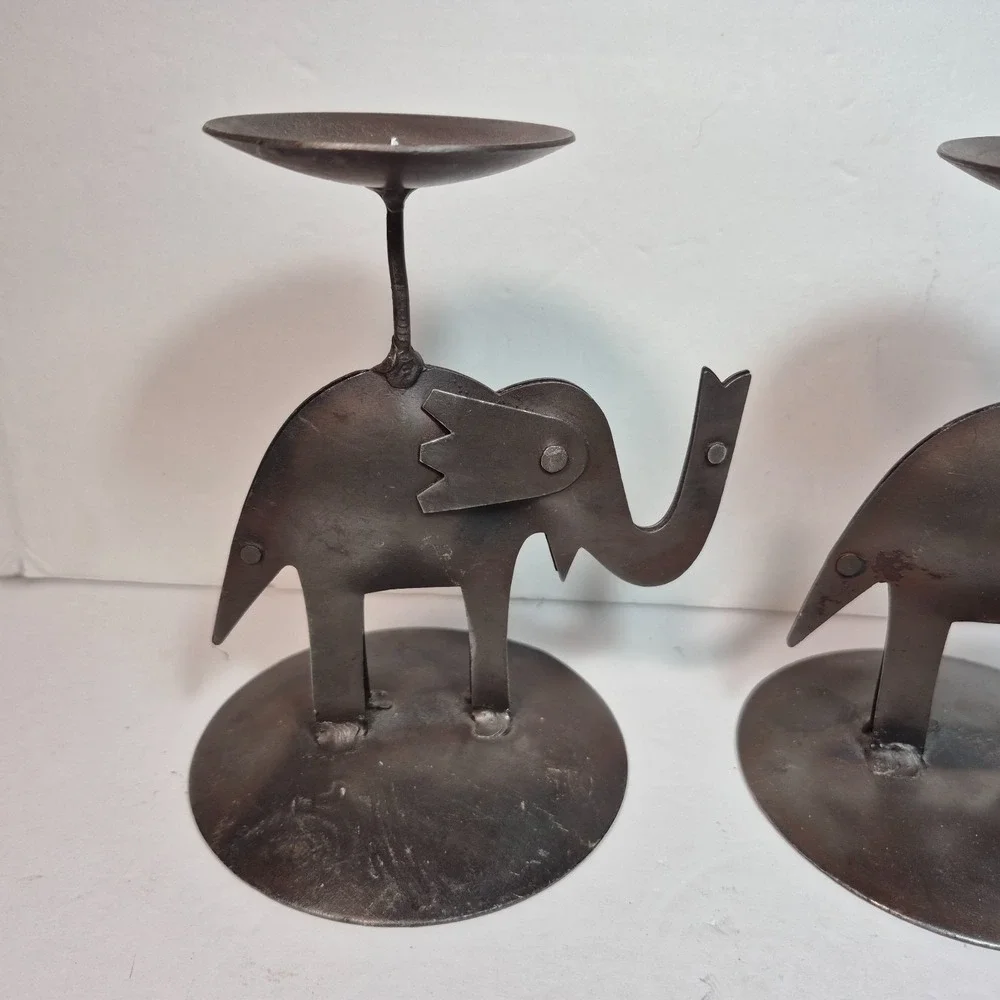 Lot of 2 Vintage Pier 1 Rustic Metal Elephant Candle Holders 5.5